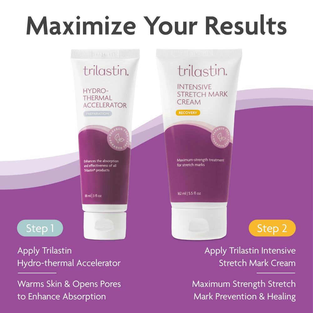 TriLASTIN Stretch Mark Cream tube close-up for easy, on-the-go application.