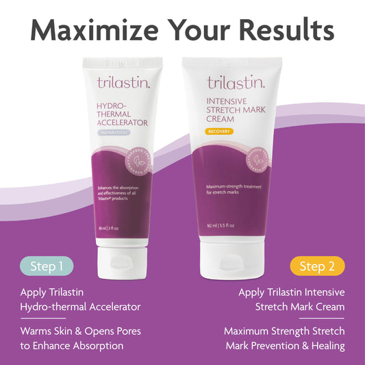 TriLASTIN Stretch Mark Cream tube close-up for easy, on-the-go application.