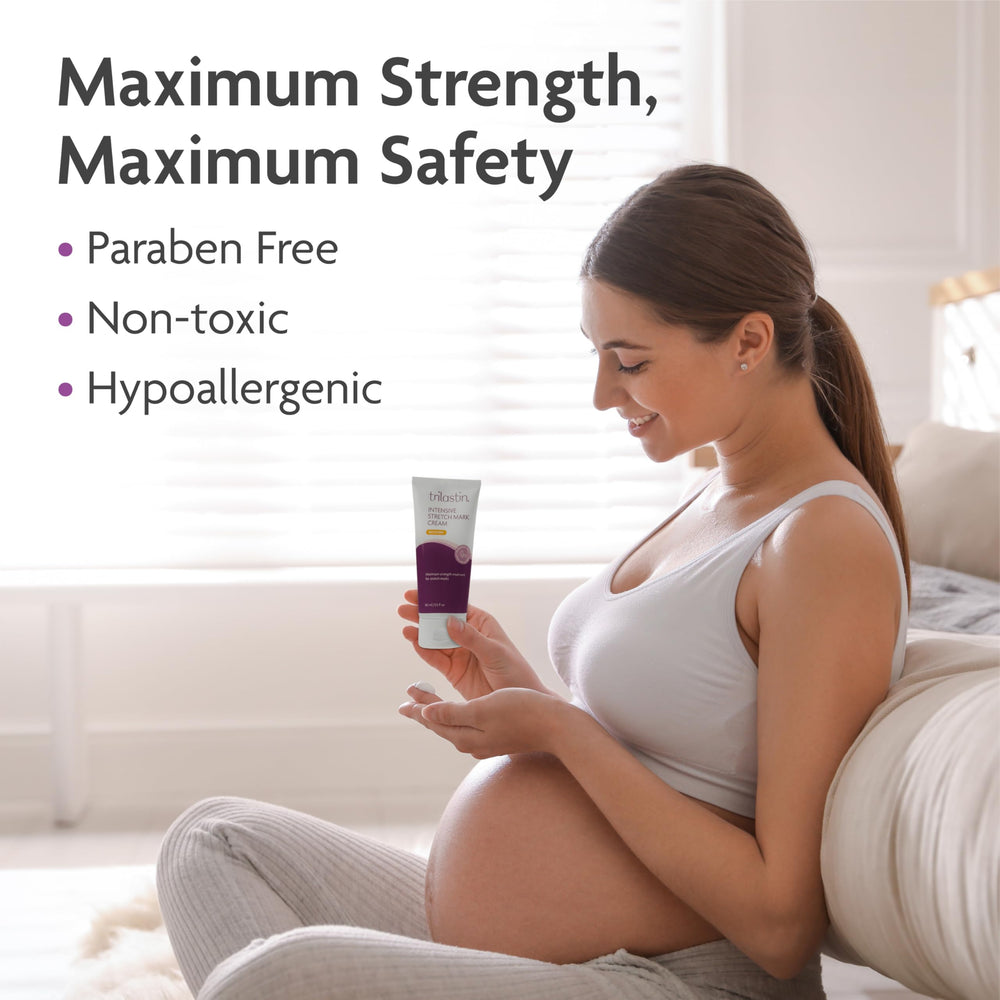 TriLASTIN Stretch Mark Cream unscented label emphasizing hypoallergenic maternity safety.