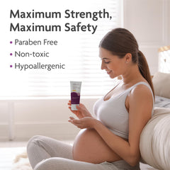 TriLASTIN Stretch Mark Cream unscented label emphasizing hypoallergenic maternity safety.