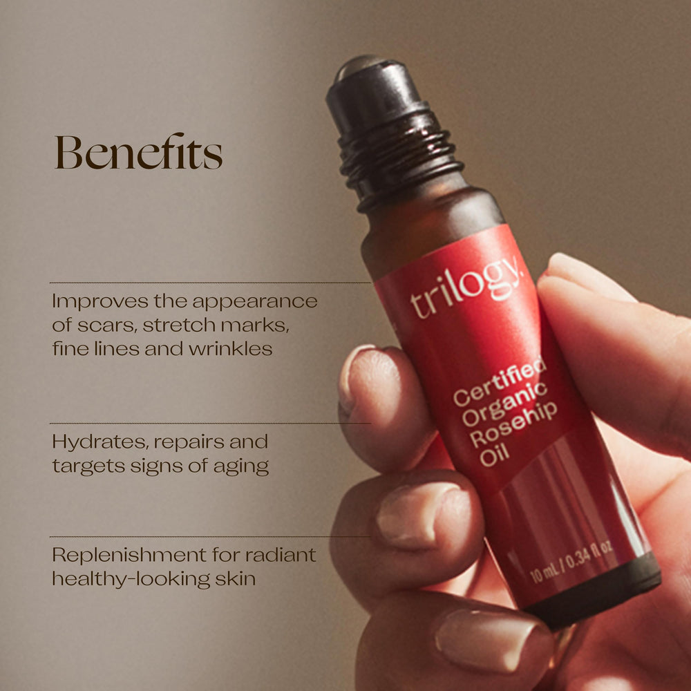 Trilogy certified organic rosehip oil bottle showcases clean, wild-harvested ingredients.