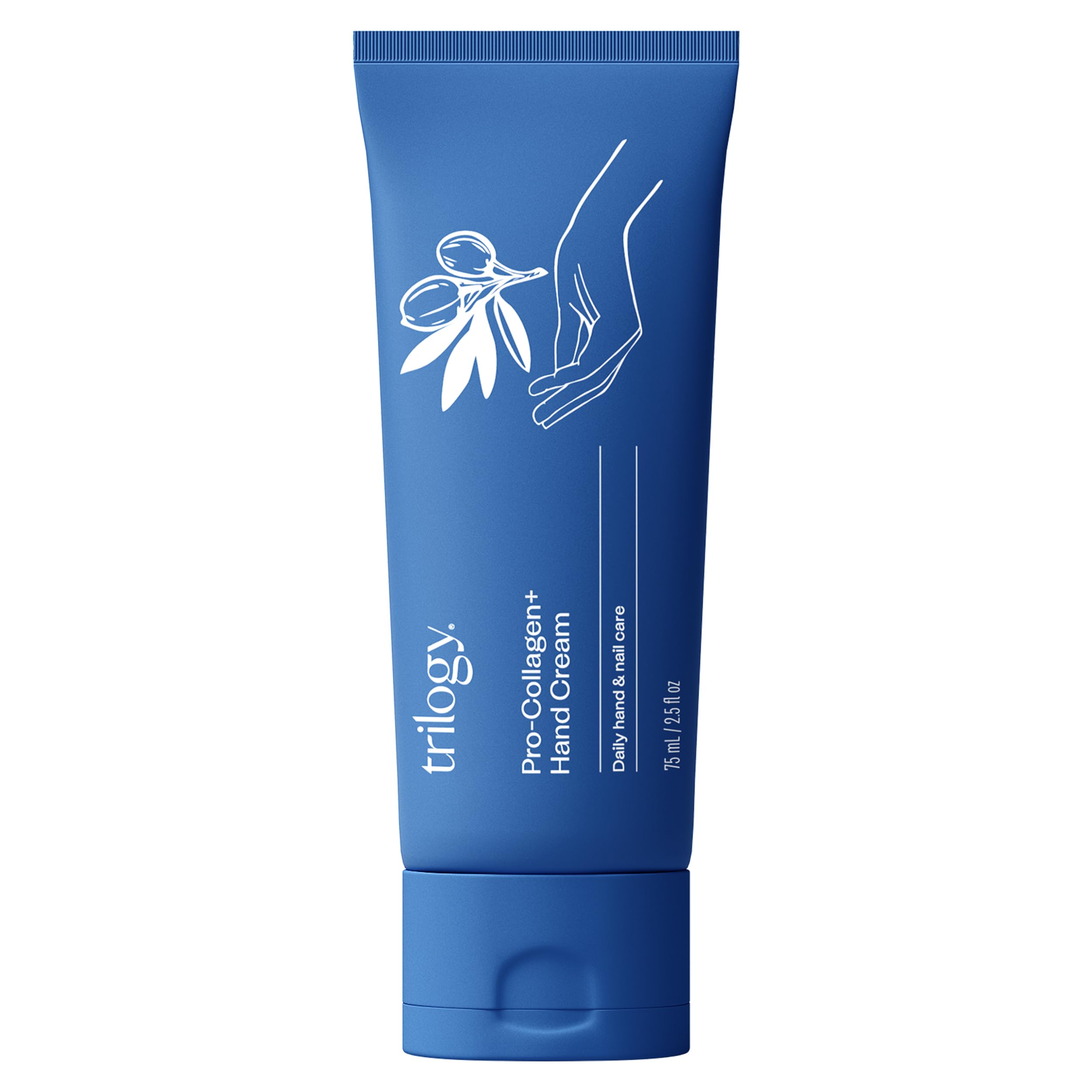 Trilogy Pro Collagen+ hand cream bottle demonstrates silky, fast-absorbing hydration.