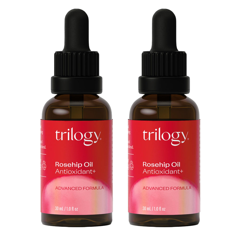 Trilogy Rosehip Oil bottle close-up for nourishing daily skincare.