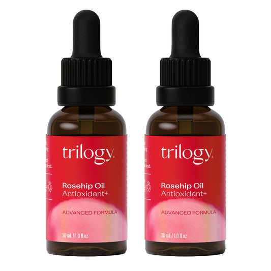 Trilogy Rosehip Oil bottle close-up for nourishing daily skincare.