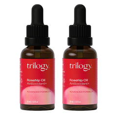 Trilogy Rosehip Oil bottle close-up for nourishing daily skincare.