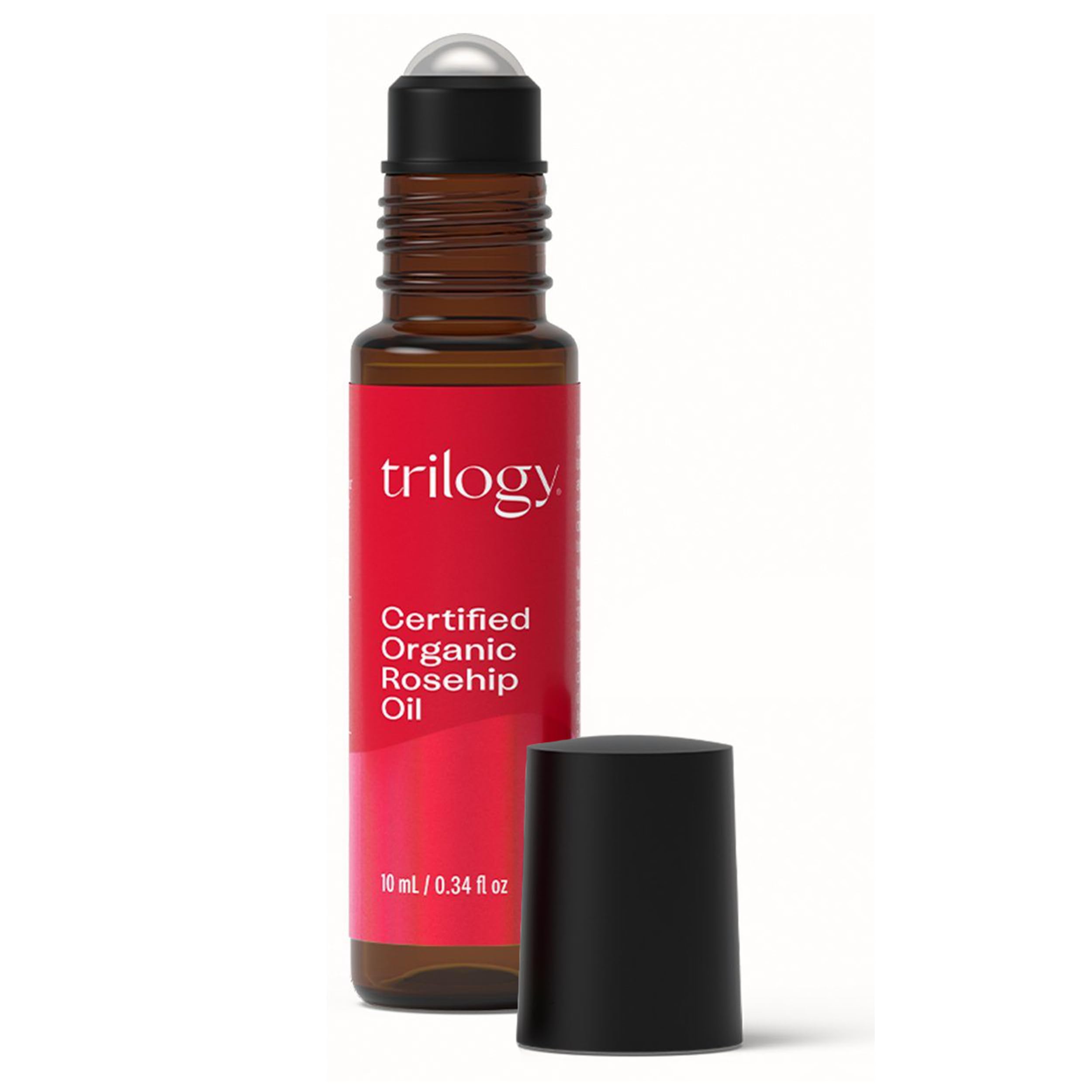 Trilogy rosehip oil bottle highlights pure organic formula for lightweight skin nourishment.