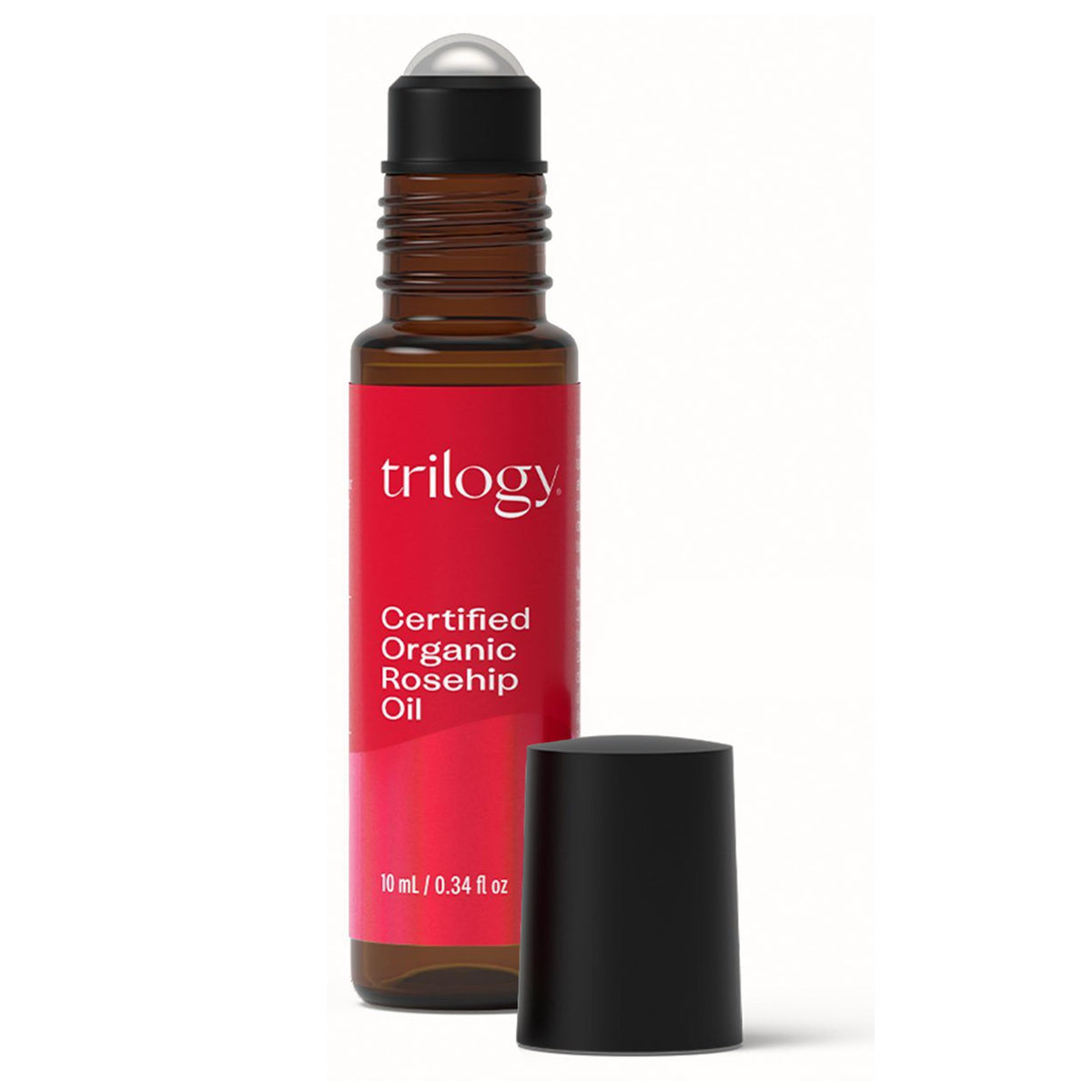 Trilogy rosehip oil bottle highlights pure organic formula for lightweight skin nourishment.