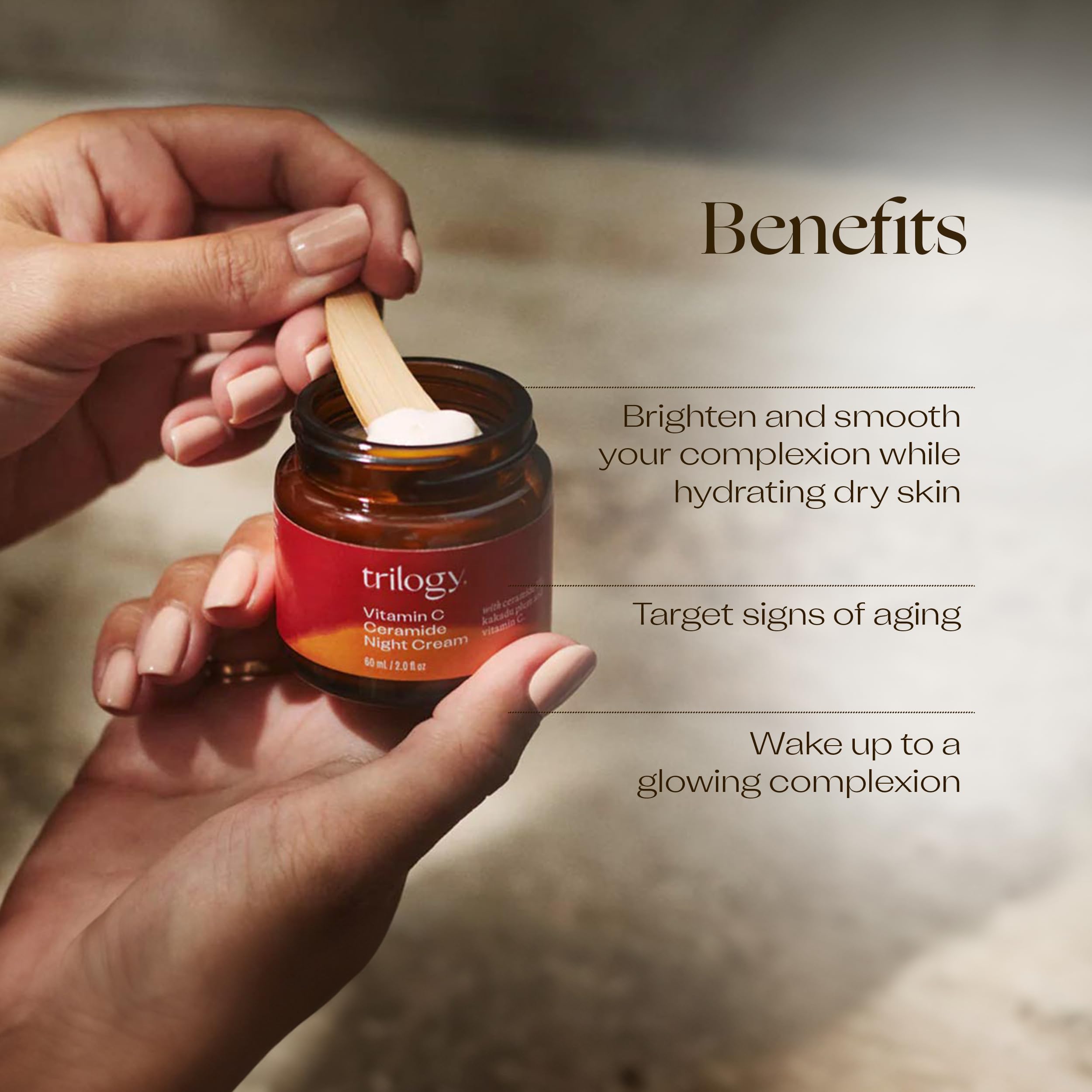 Trilogy Vitamin C Ceramide Night Cream bottle with pump ready for nightly routine