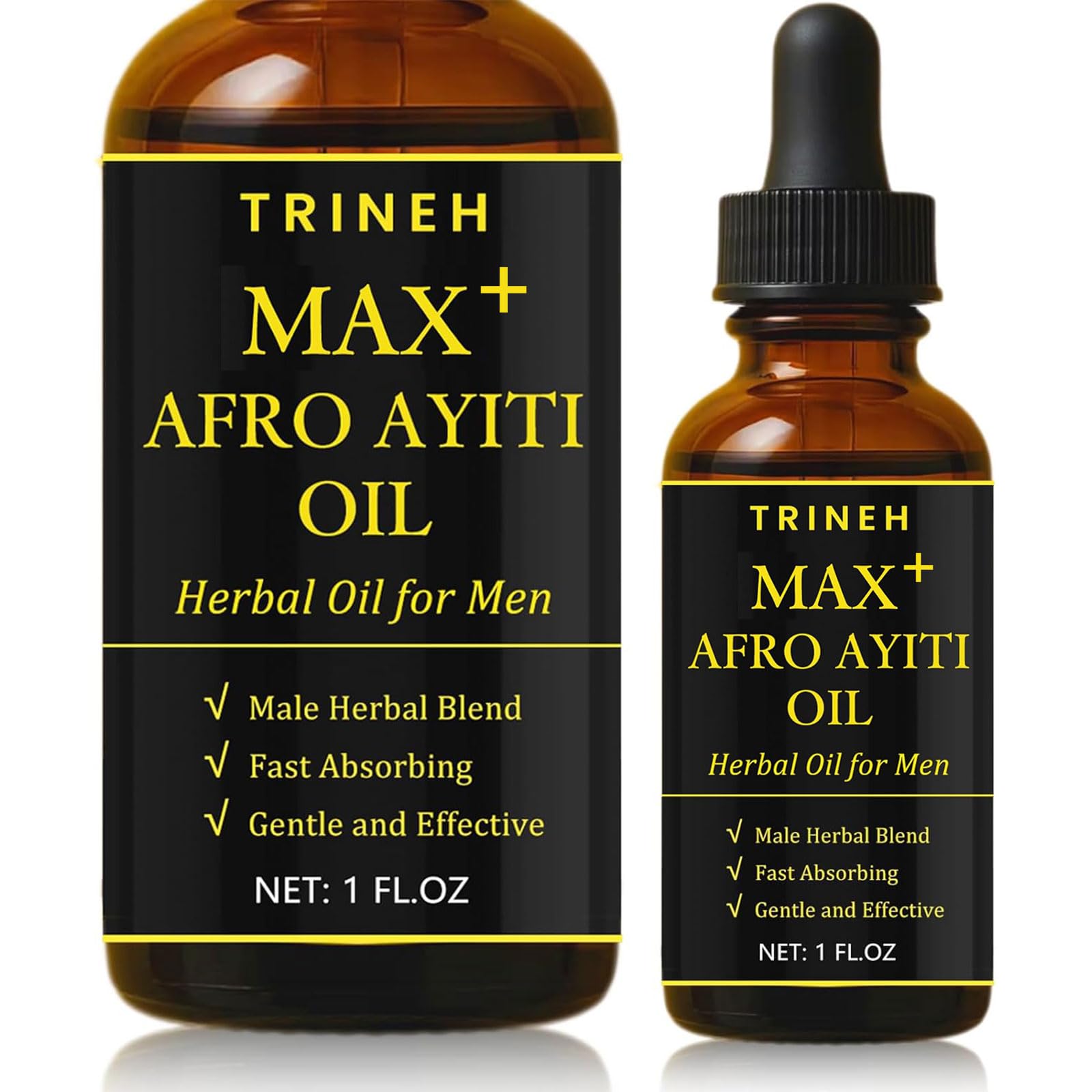 Trineh Max+ Afro Ayiti Oil for Men bottle pour showing quick absorption for smooth skin
