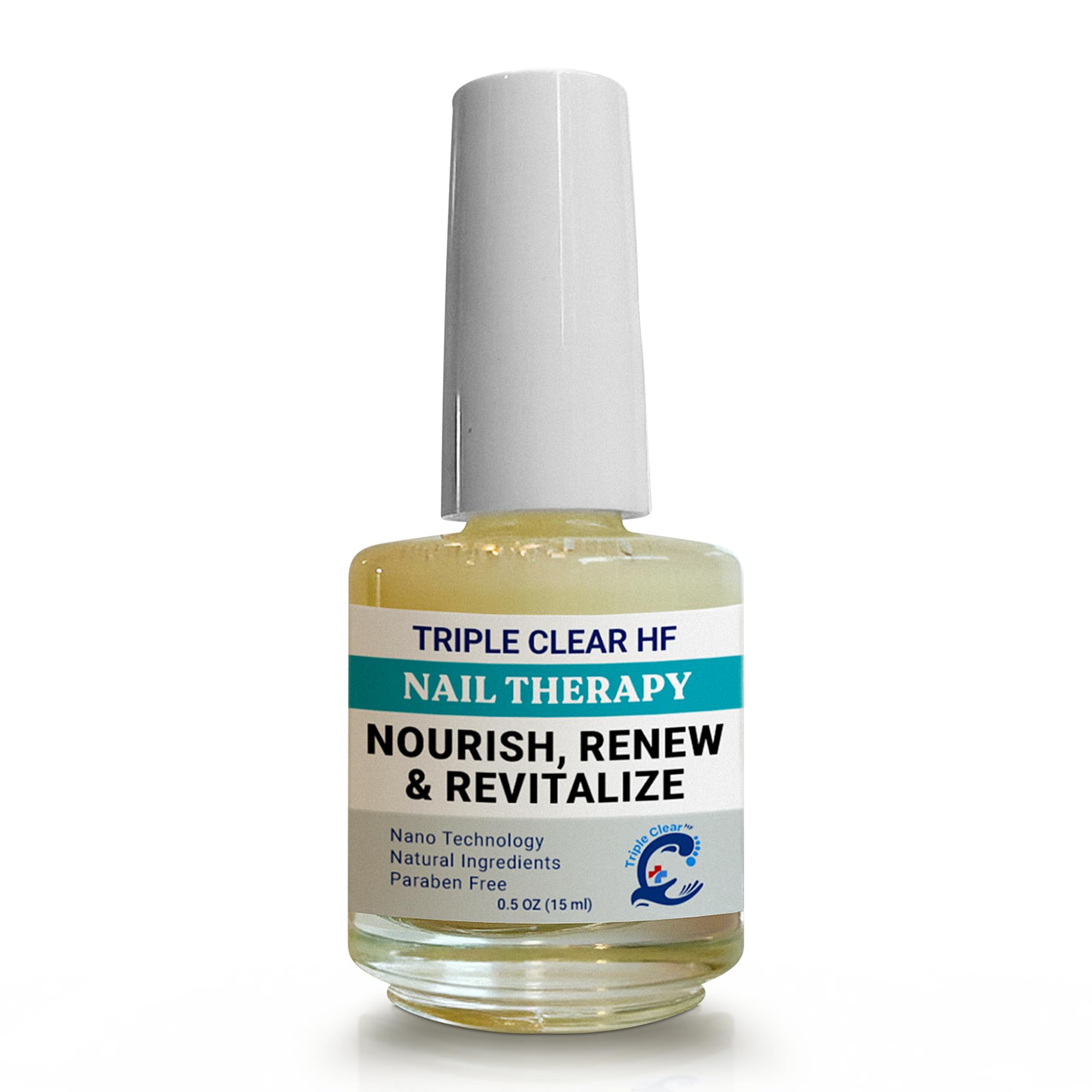 Triple Clear HF nano nail oil bottle closeup showing precision delivery for damaged nails.