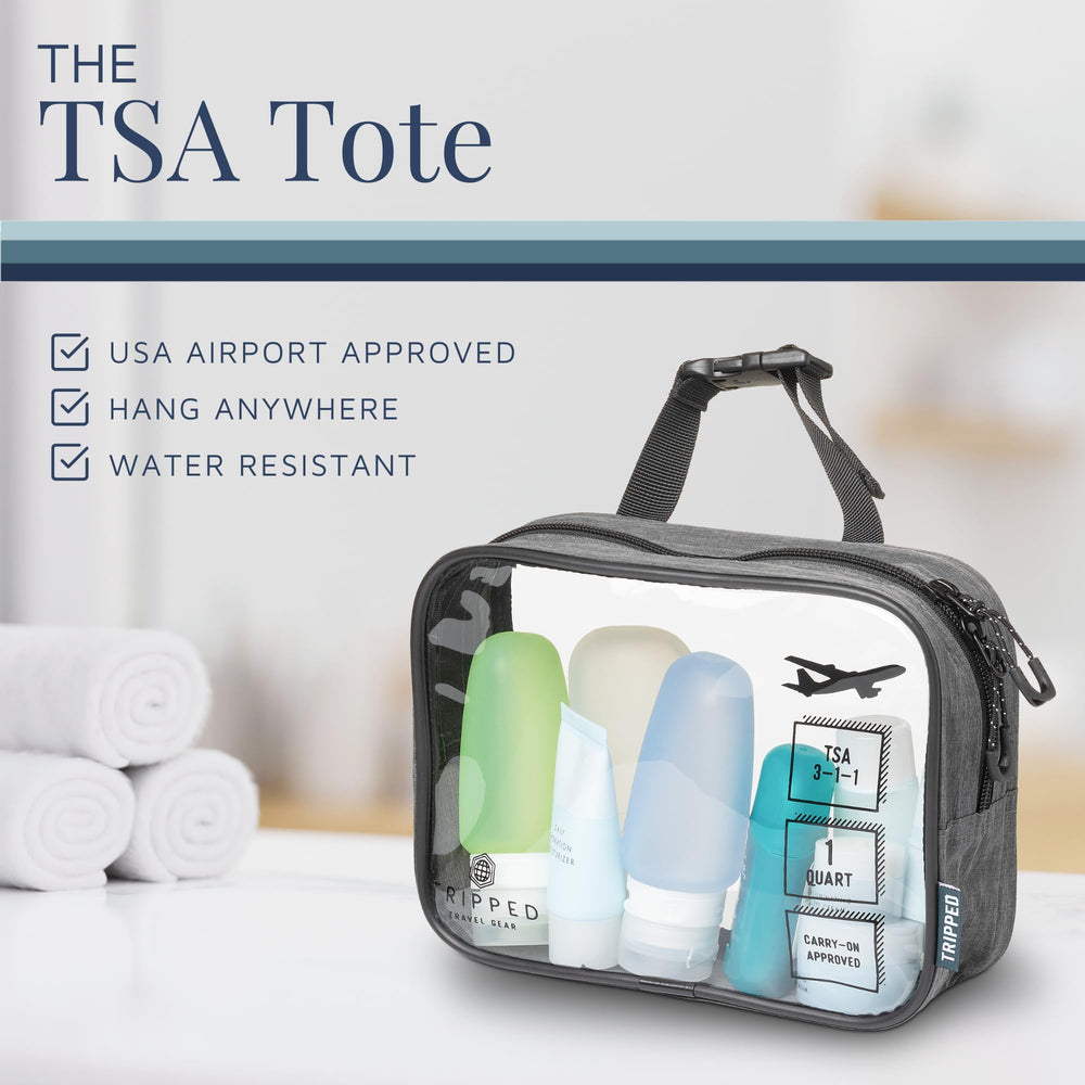TRIPPED Toiletry Bag Set folded dimensions show compact packing for trips.