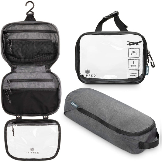 TRIPPED Toiletry Bag Set hanging bag for organized packing and quick access on trips.