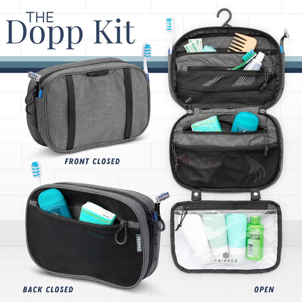 TRIPPED Toiletry Bag Set mesh pockets expand to hold items securely.