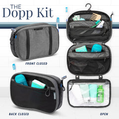 TRIPPED Toiletry Bag Set mesh pockets expand to hold items securely.