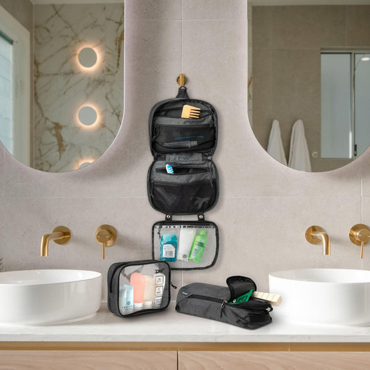TRIPPED Toiletry Bag Set TSA liquids bag keeps liquids secure for airport security.