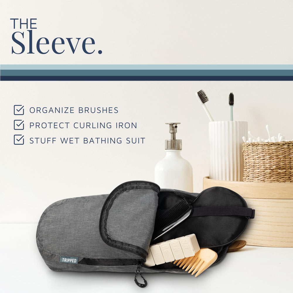 TRIPPED Toiletry Bag Set unfolded dimensions reveal full packing capacity.