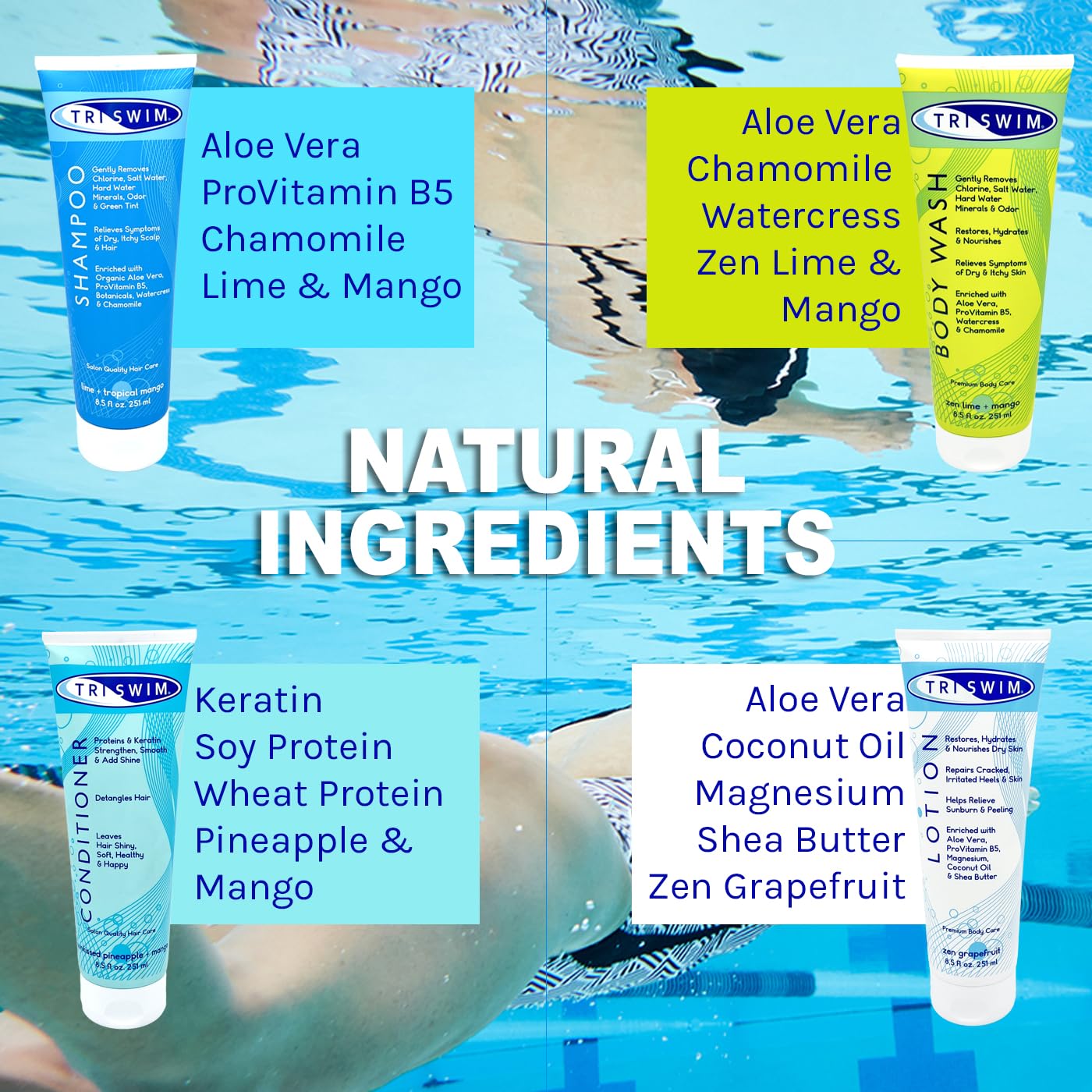 TRISWIM body wash combats pool chemicals while soothing skin.