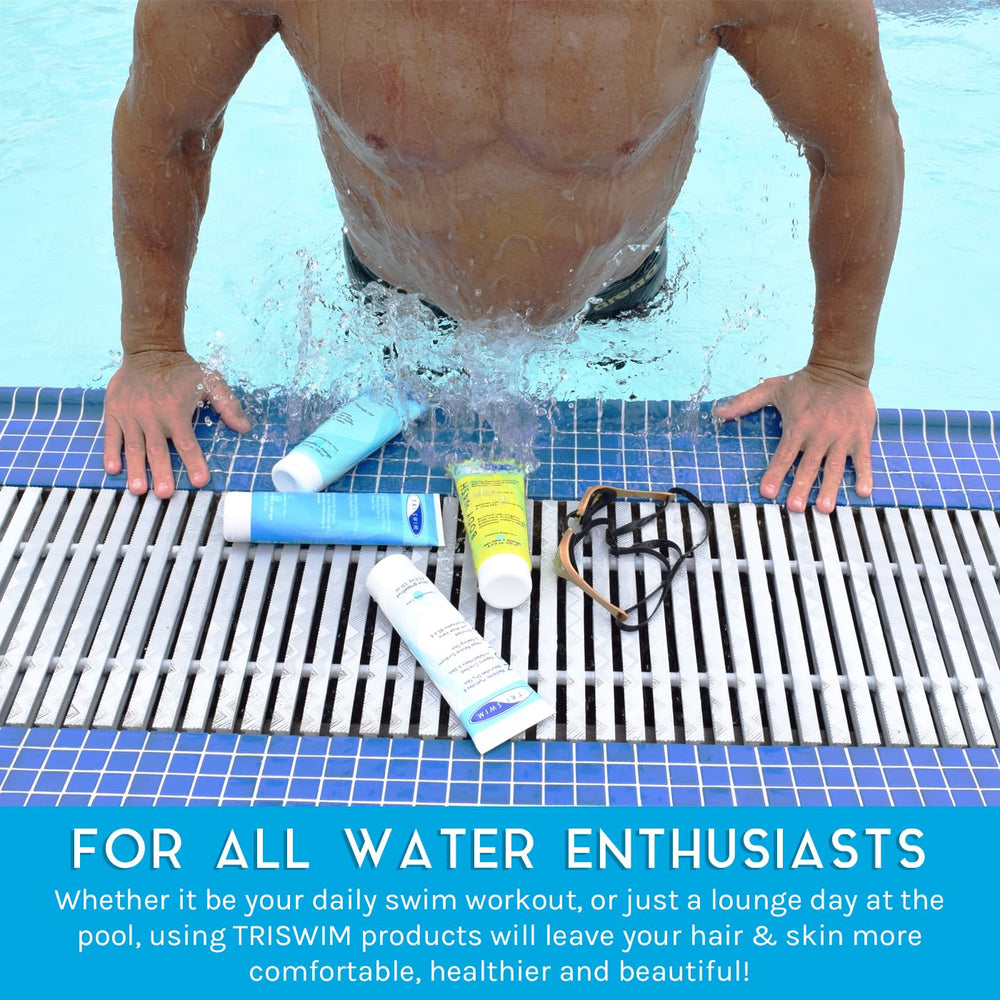 TRISWIM chlorine conditioner nourishes hair after pool sessions.