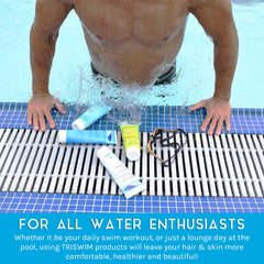 TRISWIM chlorine conditioner nourishes hair after pool sessions.