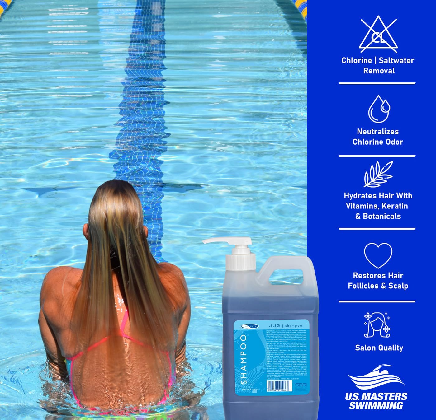TRISWIM shampoo lathering on hair to remove chlorine and minerals