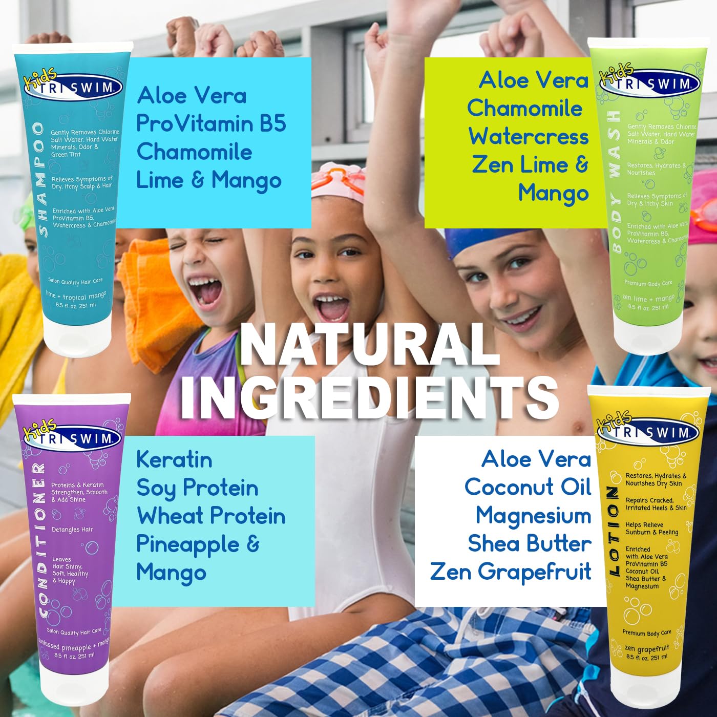 TRISWIM Kids Body Wash cleanses skin and reduces chlorine odors.