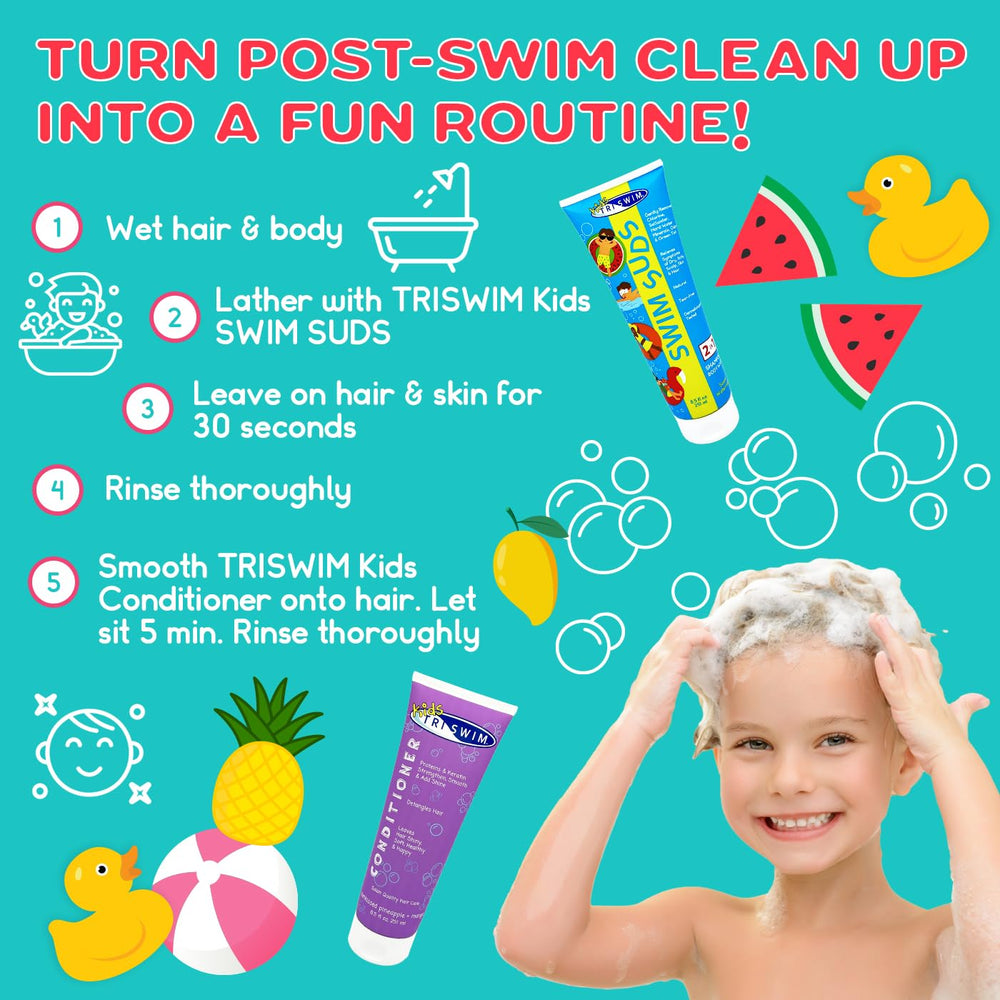 TRISWIM Kids Conditioner bottle showcases detangling and hydration after swimming sessions.
