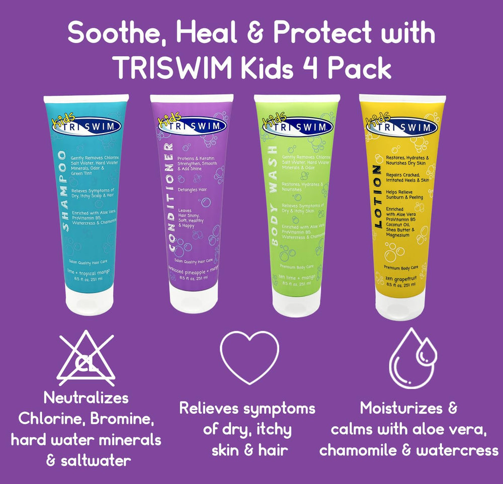 TRISWIM Kids Conditioner detangles and moisturizes after pool time.