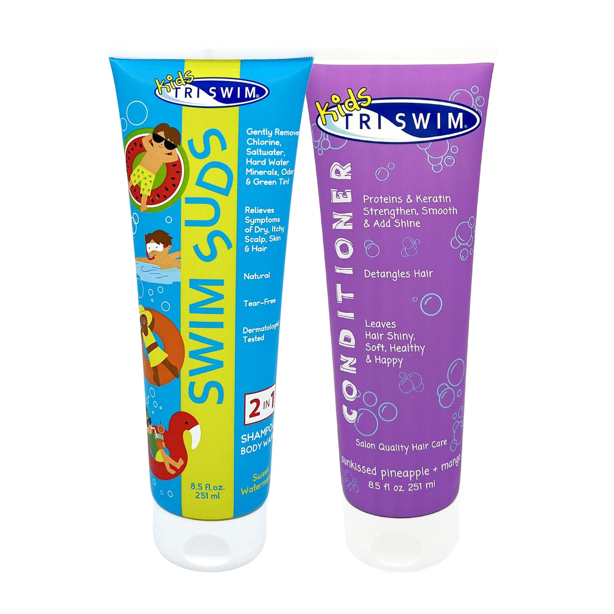 TRISWIM Kids Suds 2in1 bottle pour demonstrates chlorine removal for gentle bath time.