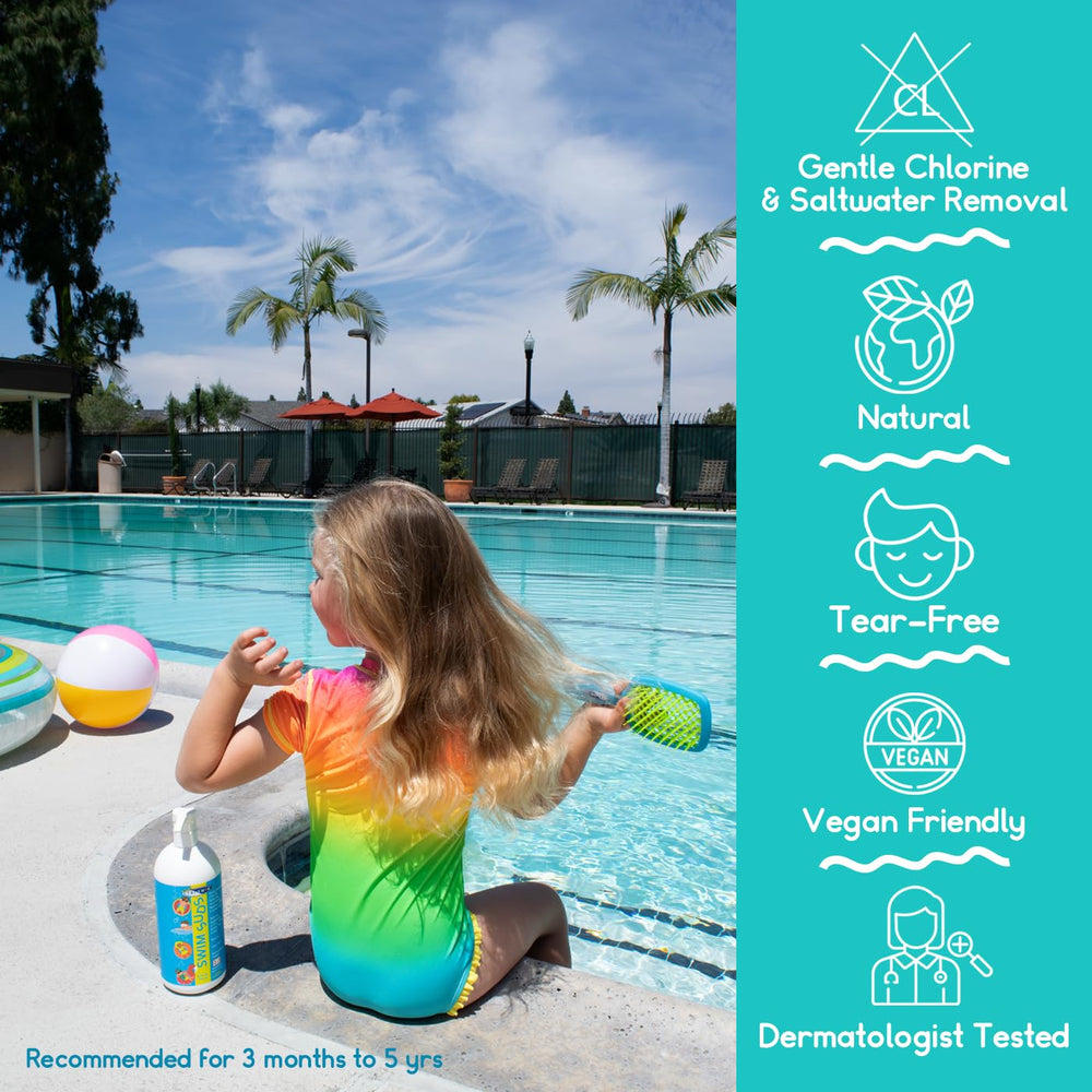 Close-up shows green tint removal after pool use with TRISWIM Kids Suds