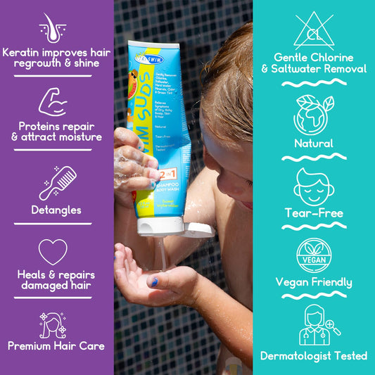 TRISWIM Kids Suds tear-free lather highlights safe cleansing for children's sensitive skin.