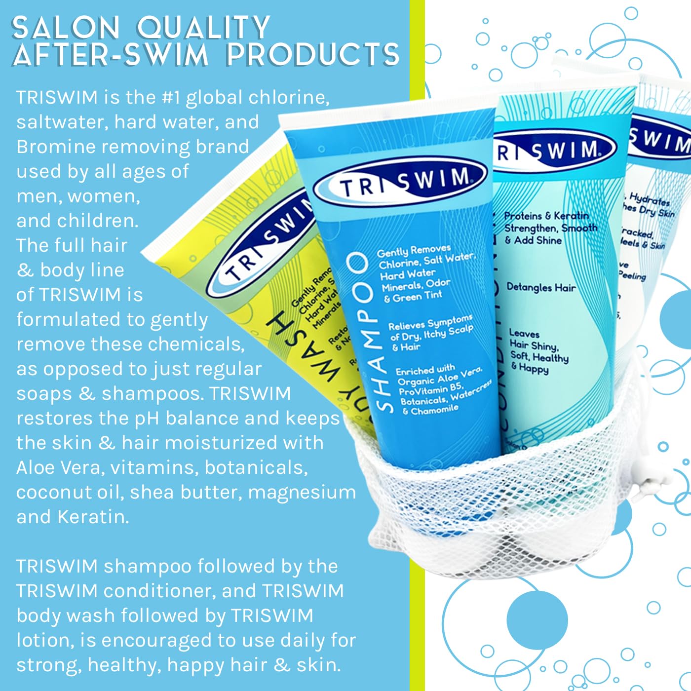 TRISWIM lotion provides lightweight hydration after swimming.