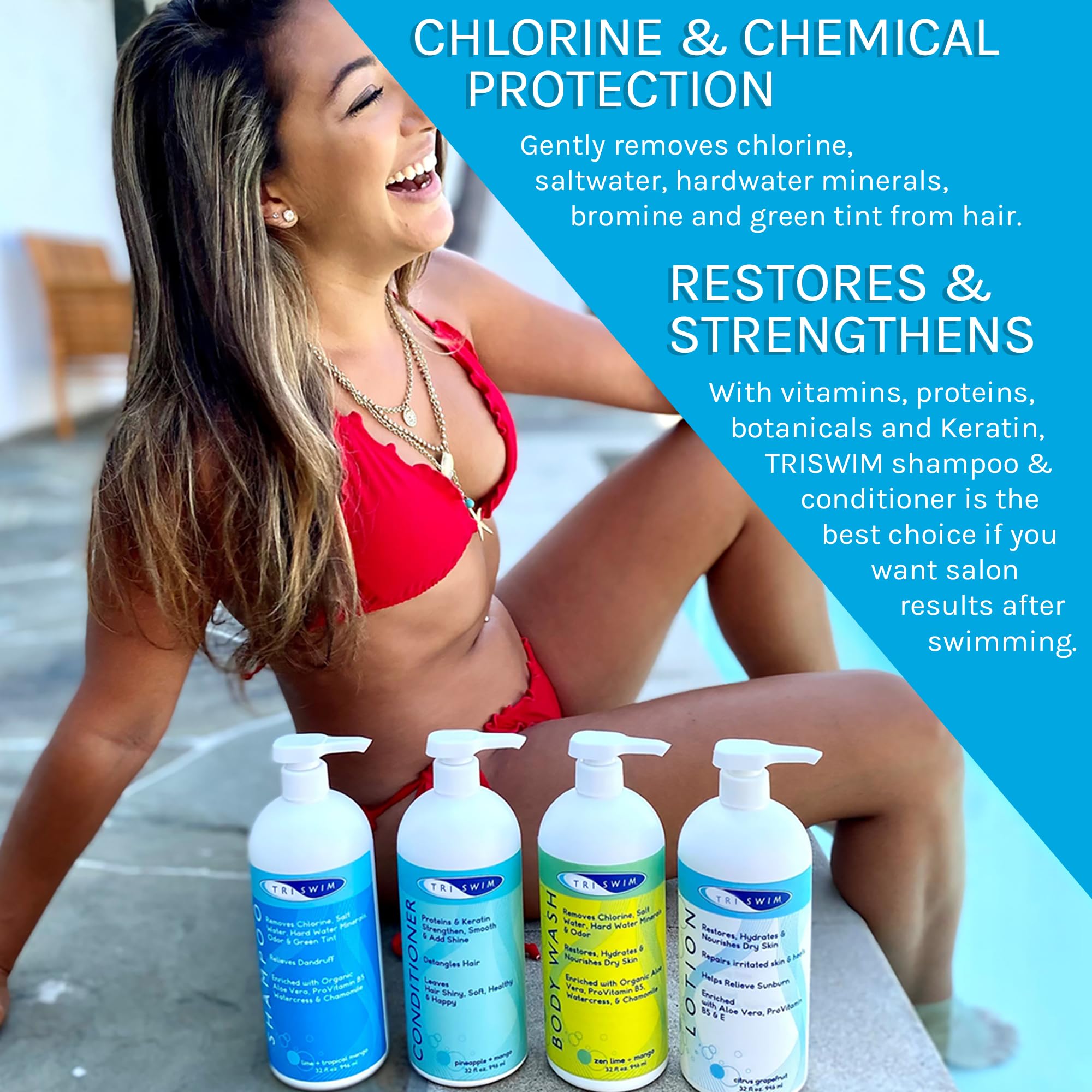 TRISWIM shampoo lather close-up—gentle cleansing after chlorine