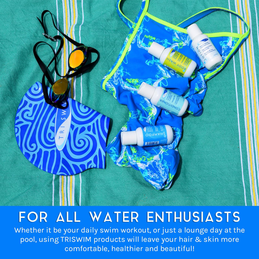 TRISWIM Lotion in travel set provides lightweight hydration and chlorine odor neutralization