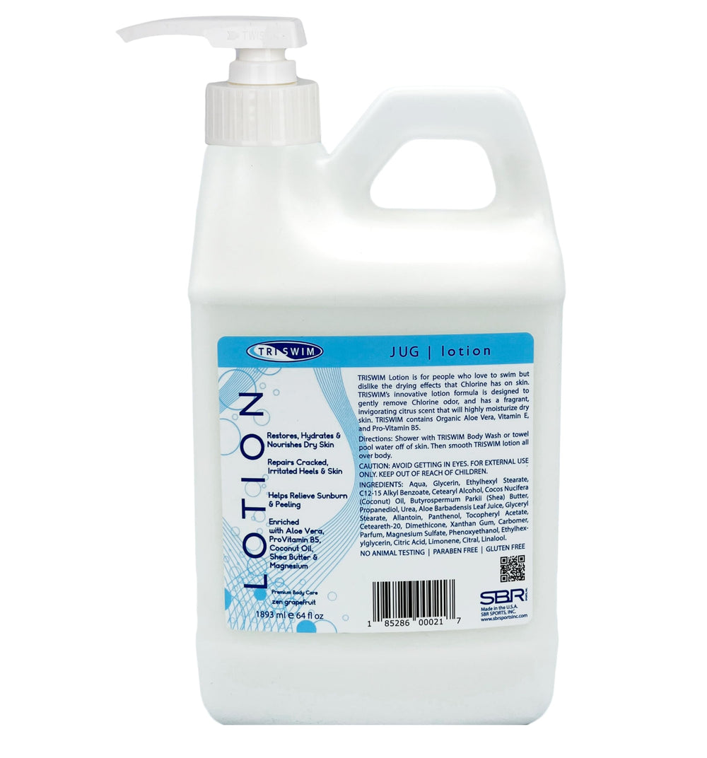 TRISWIM swim lotion bottle label close-up shows hydrating formula for after-swim skin.