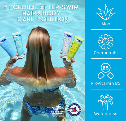 TRISWIM swimmer shampoo rich lather removes chlorine from hair.
