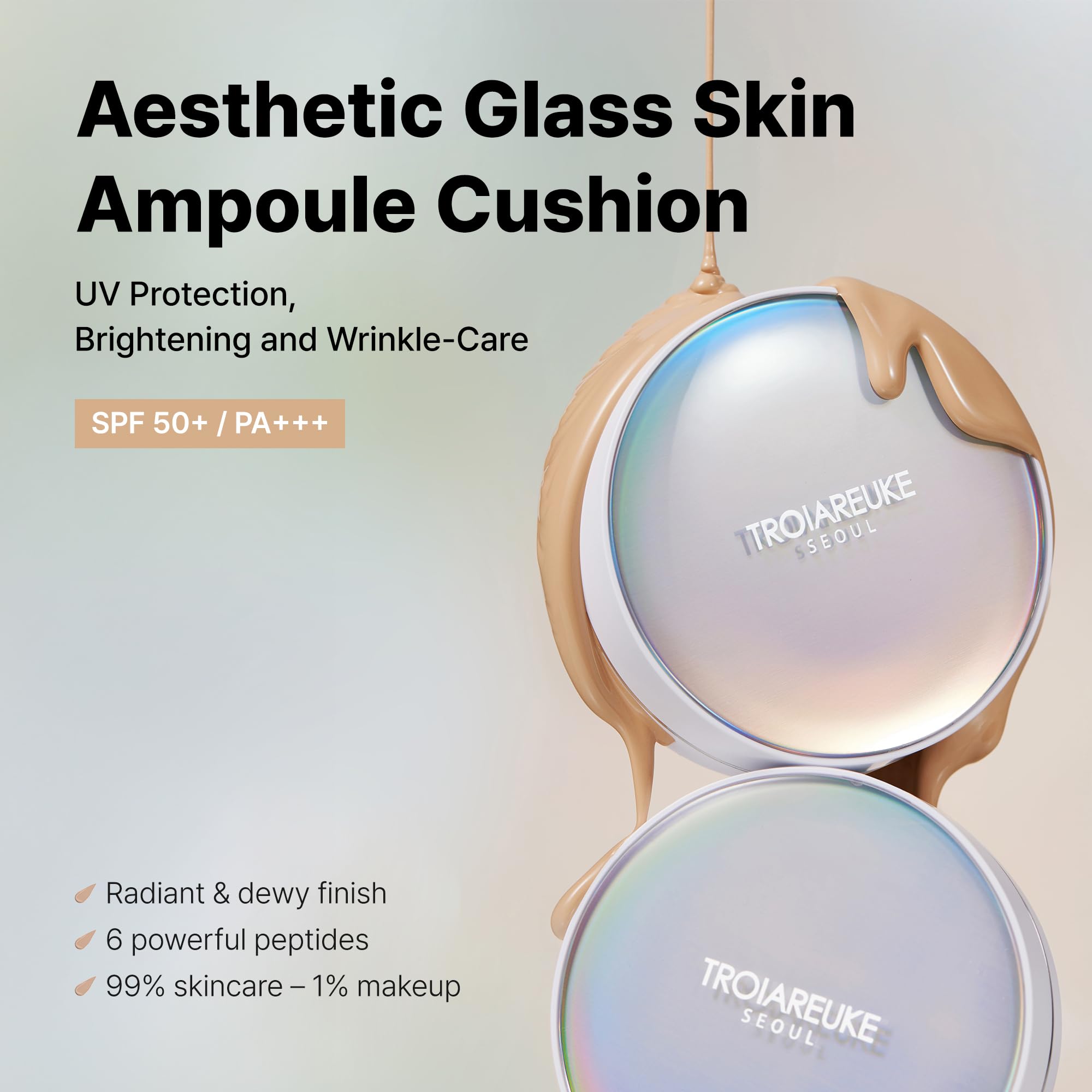 TROIAREUKE cushion application close-up shows lightweight texture and seamless blend.