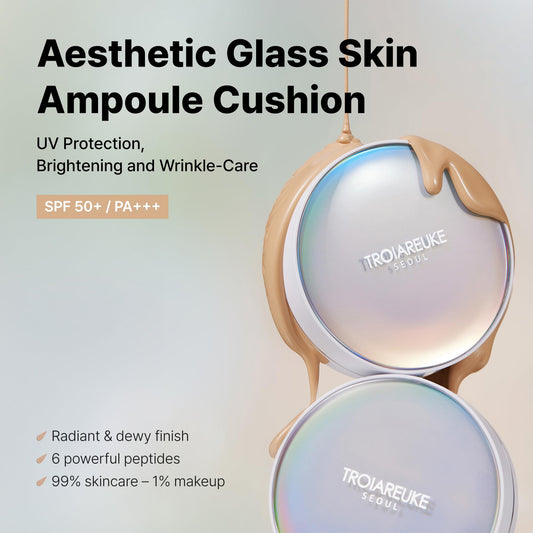 TROIAREUKE cushion application close-up shows lightweight texture and seamless blend.