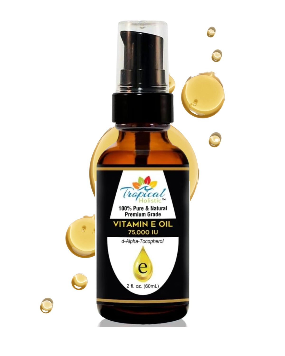 Tropical Holistic Vitamin E Oil in an amber bottle preserves potency for skin care.