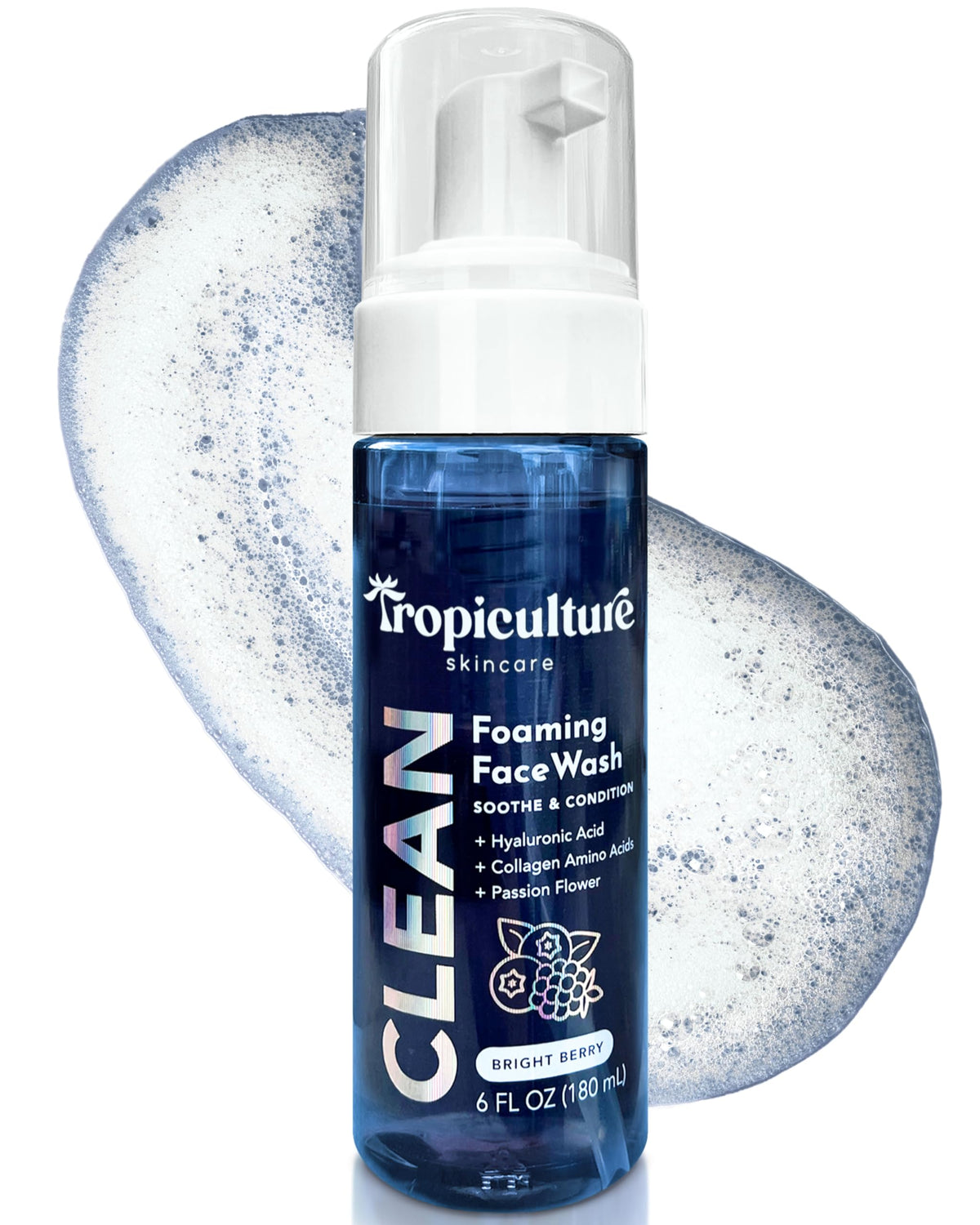 Tropiculture Bright Berry Face Wash bottle with blue tint for gentle teen cleansing.
