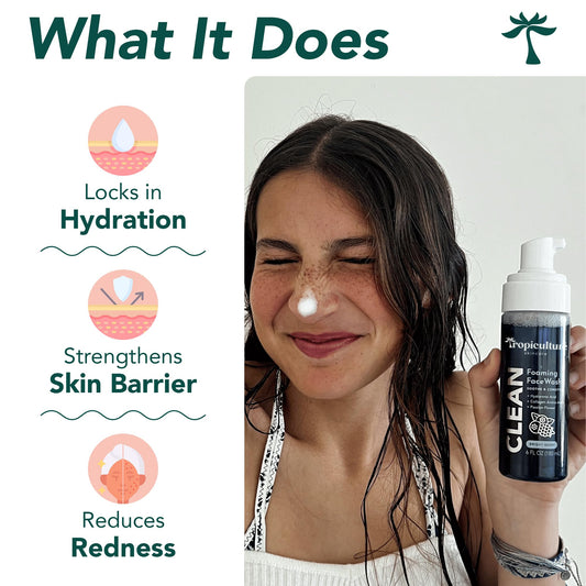 Tropiculture Clean Foaming Face Wash creates rich foam for teen skin.