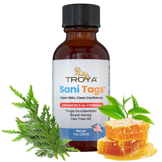 Troya Sani Tags 1oz bottle front view highlighting portable design