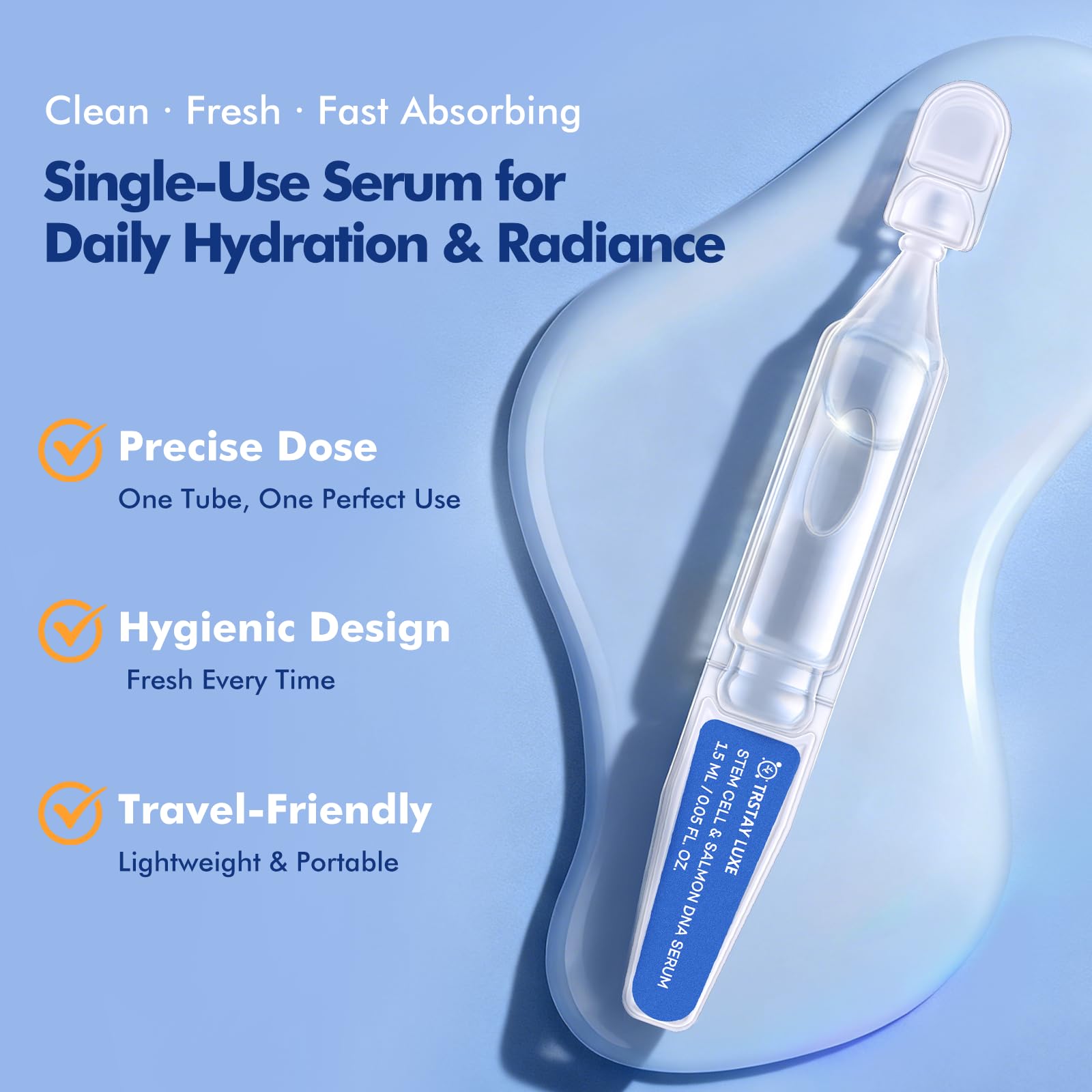 TRSTAY LUXE stem cell serum closeup on forehead highlights smoothing potential