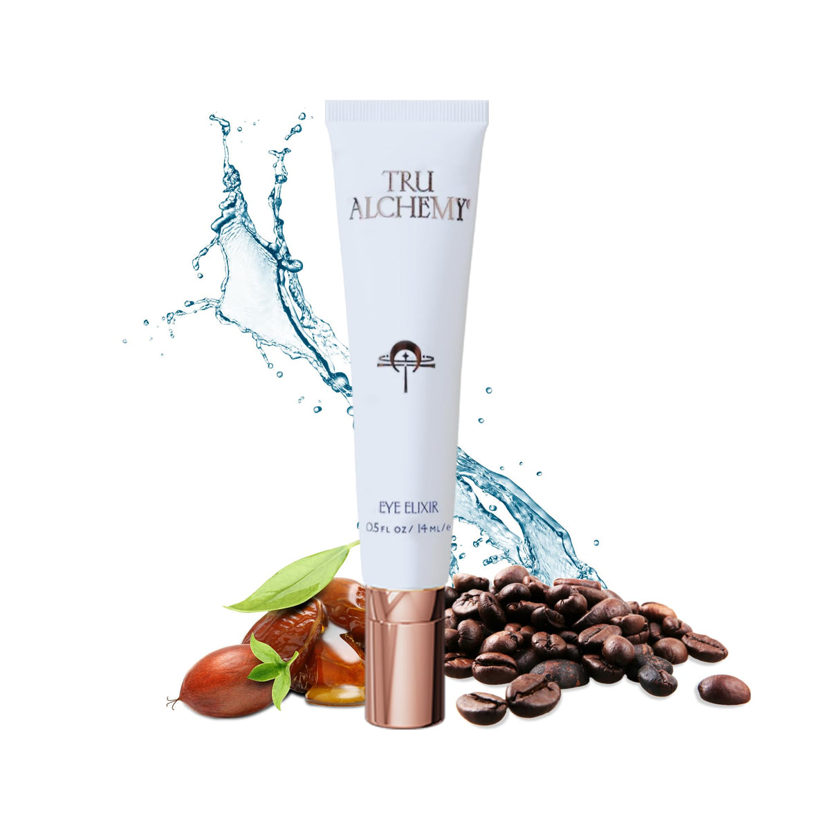 Tru Alchemy Eye Elixir bottle close-up with cooling formula to combat puffiness