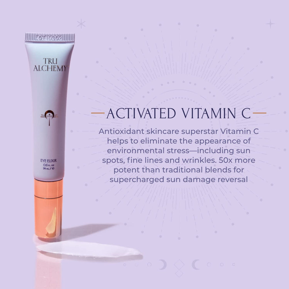 Tru Alchemy Eye Elixir caffeine focus demonstrates de-puffing effect near the under-eye area