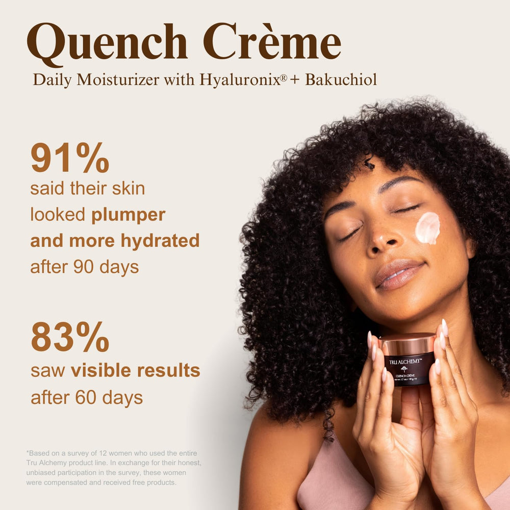 Tru Alchemy Quench Crème applied in gentle upward strokes for morning and night use.