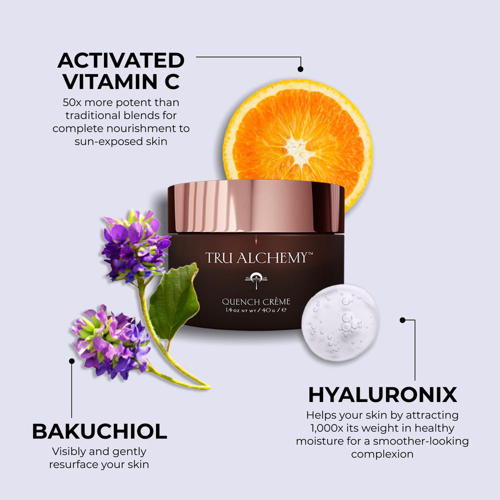 Tru Alchemy Quench Crème with hyaluronic acid boosts moisture and elasticity.