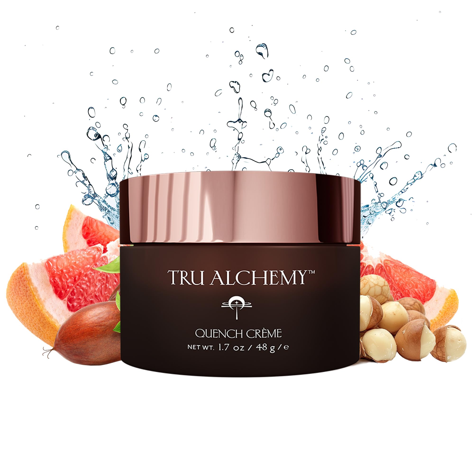 Tru Alchemy Quench Crème jar closeup showing rich hydration for daily skincare.