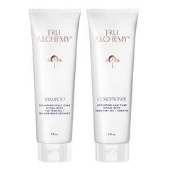 Tru Alchemy Shampoo bottle showing refreshing cleanse and gentle hydration.