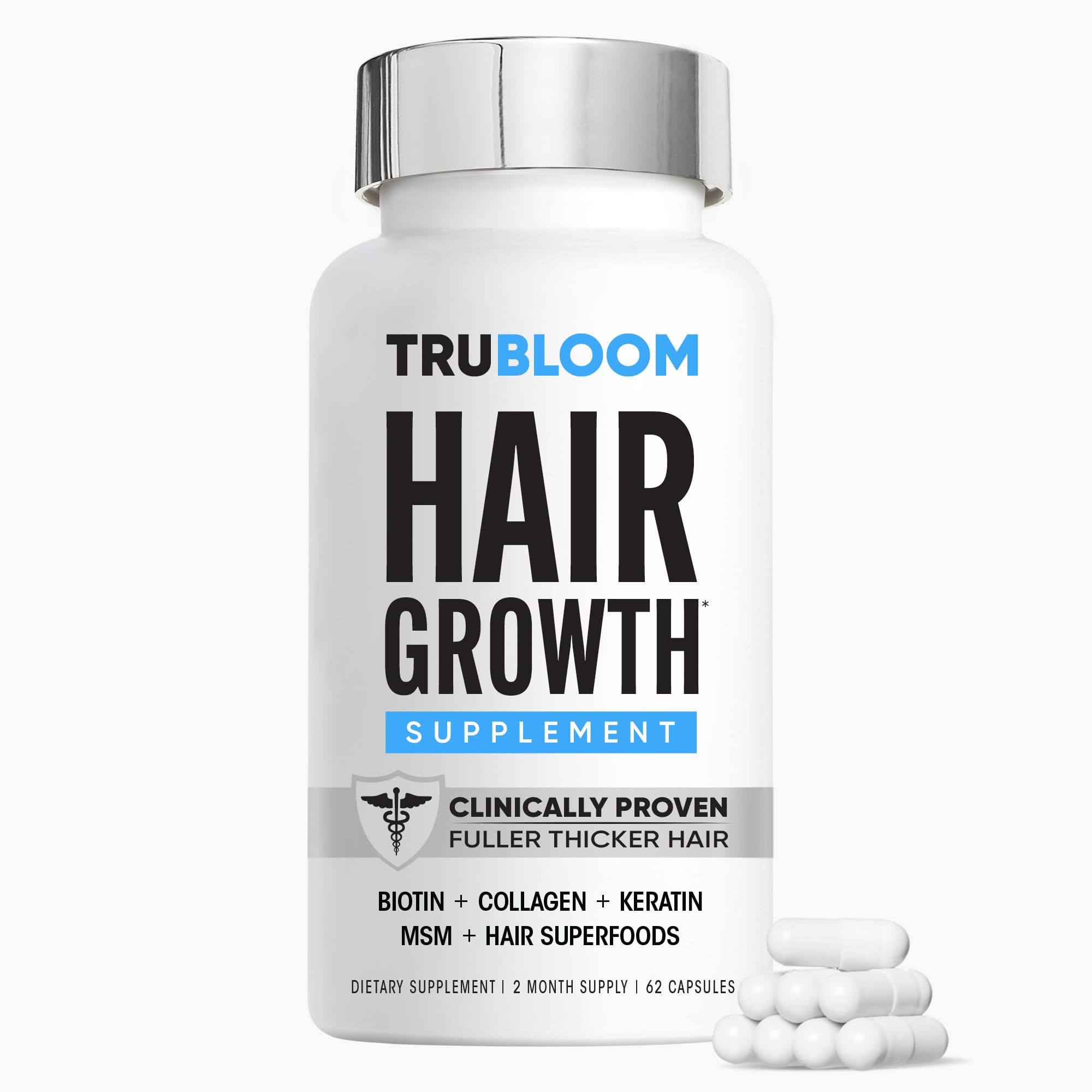Tru Bloom Hair Growth bottle pour shows easy daily intake for potentially fuller hair.