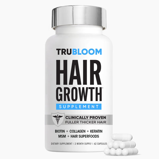 Tru Bloom Hair Growth bottle pour shows easy daily intake for potentially fuller hair.